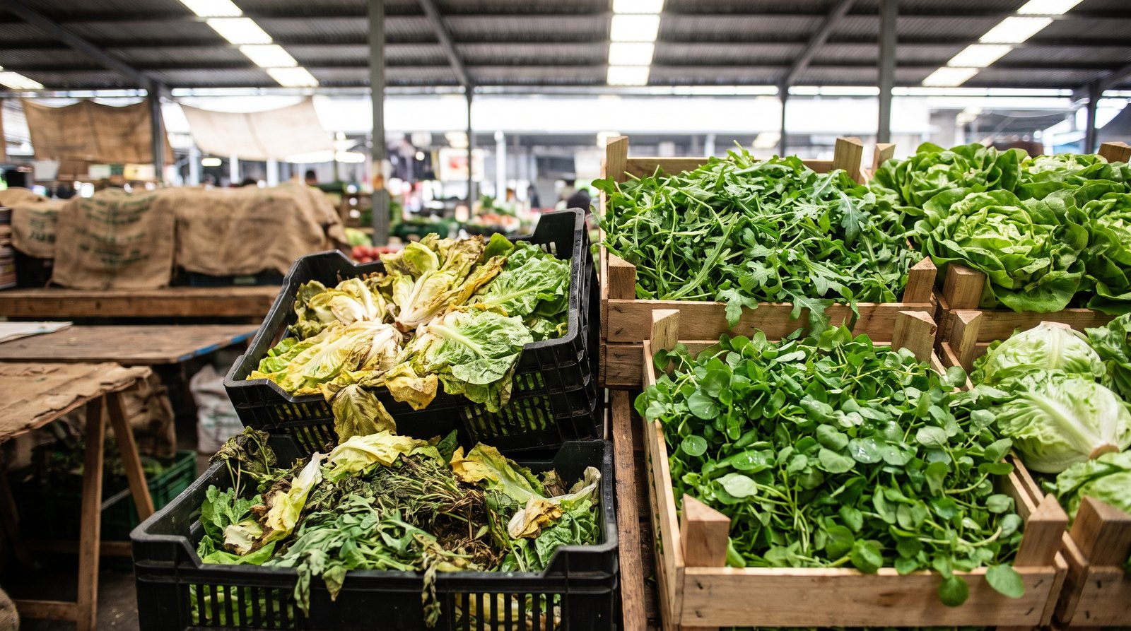 Folhas de alface murchas ao lado de folhas frescas em banca de hortifrúti mostrando perda pós-colheita