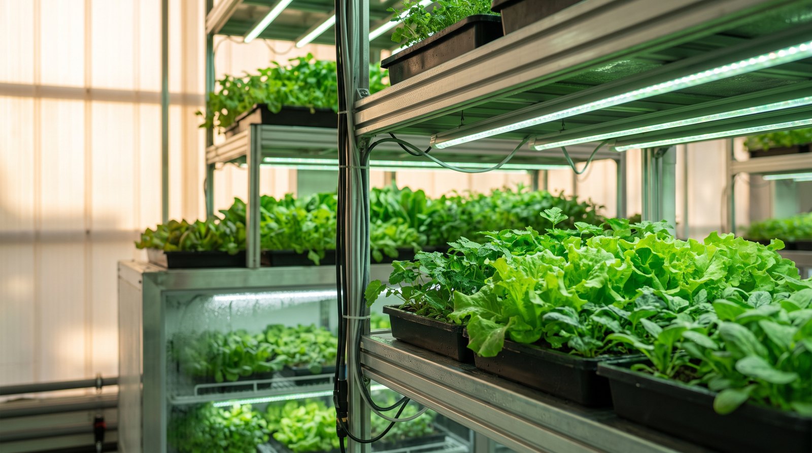 Produtor ajustando iluminação LED verde sobre bandejas de folhosas hidropônicas em câmara refrigerada