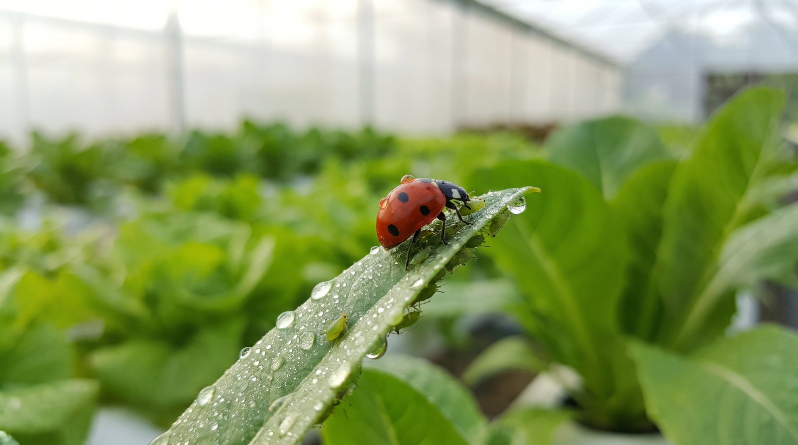 Joaninha predando colônia de pulgões em folha de hortaliça, exemplo de controle biológico natural na horta