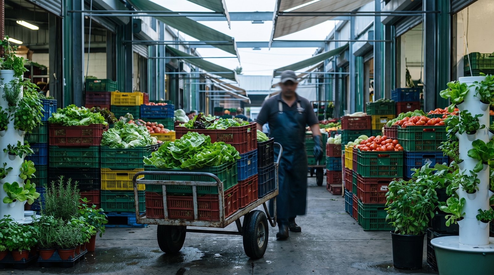 Caixas de hortaliças empilhadas em corredor de entreposto atacadista no mercado de hortaliças Brasil
