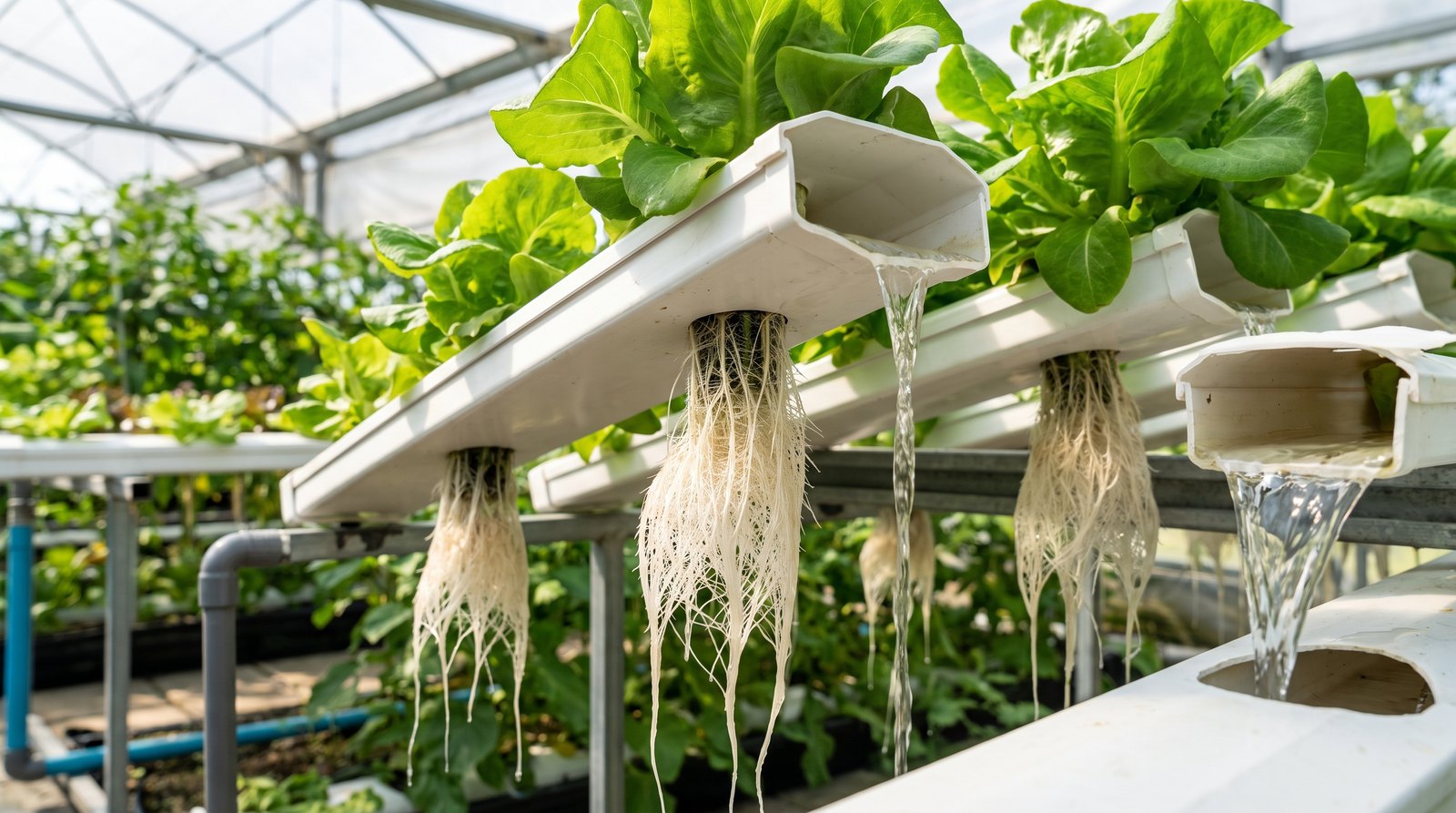 Raízes brancas densas em canal NFT hidropônico com solução nutritiva fluindo e plantas de alface vigorosas acima
