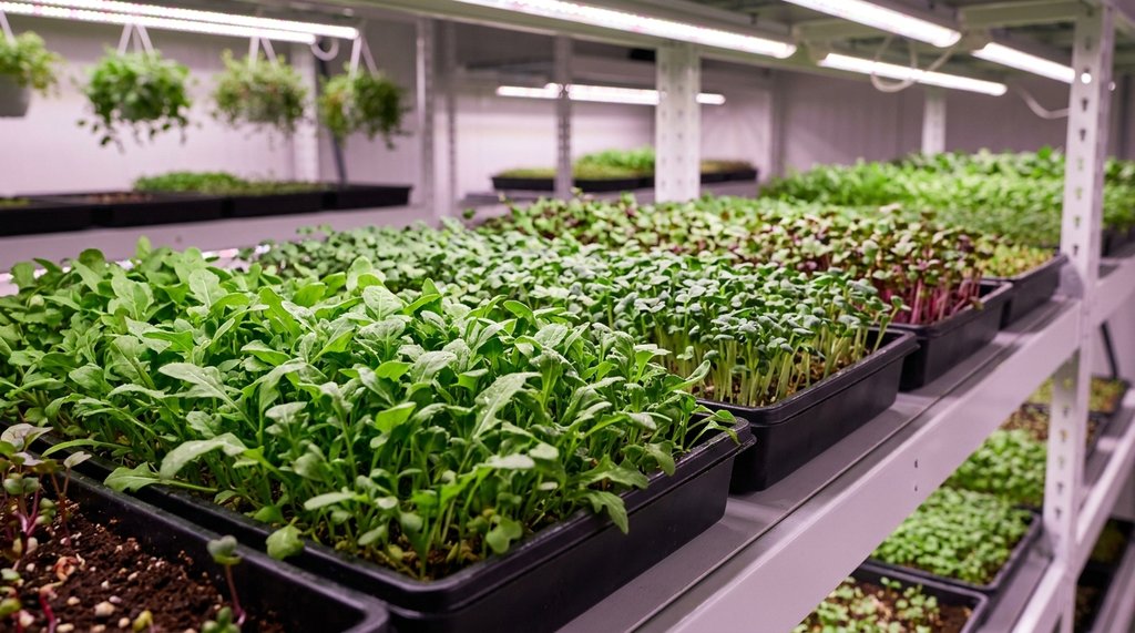Bandejas de microgreens variados em prateleira com iluminação LED em produção comercial