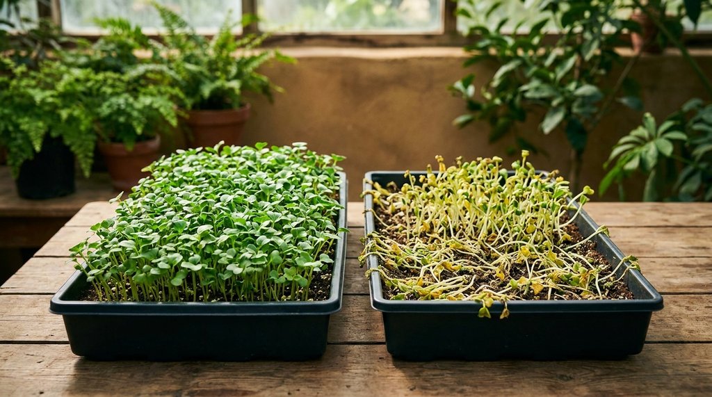 Comparativo entre bandeja de microgreens saudáveis e bandeja com damping-off