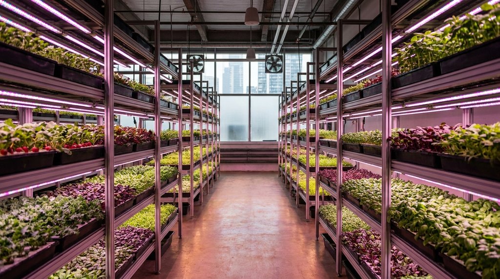 Fazenda vertical urbana com prateleiras de microgreens iluminadas por LED rosa magenta