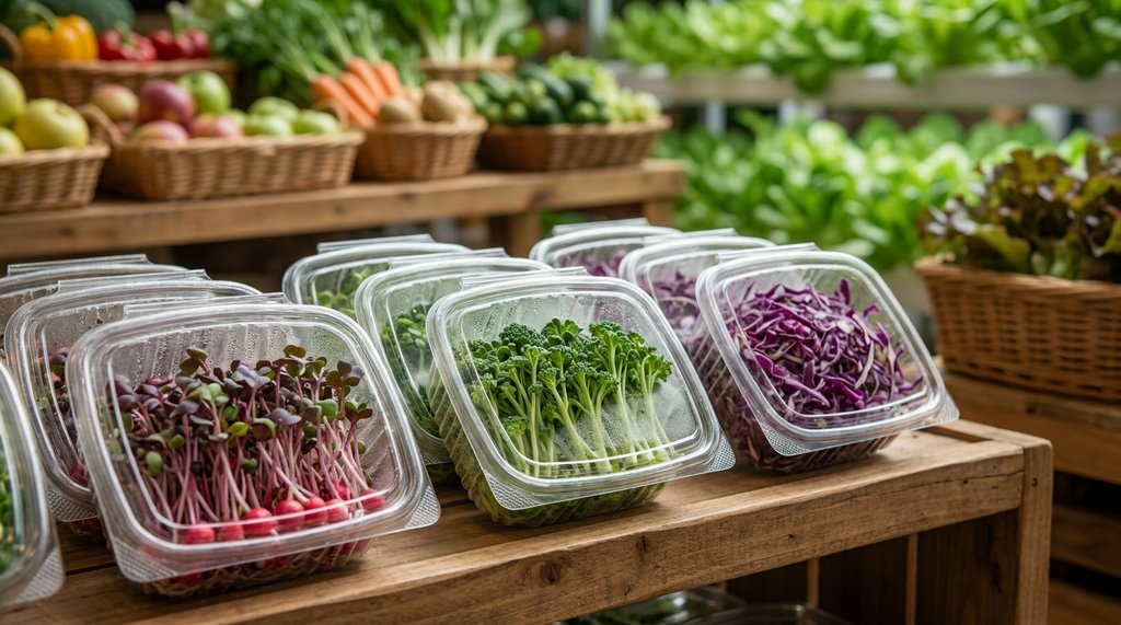 Bandejas clamshell de microverdes embalados para venda em hortifruti premium