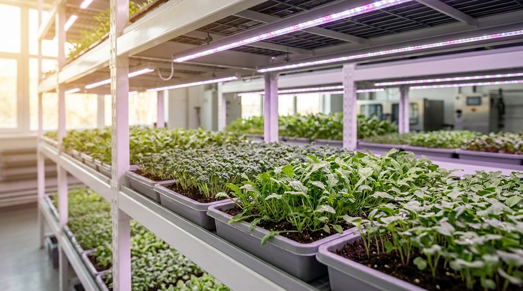 Bandejas variadas de microverdes em prateleira com iluminação LED em produção comercial