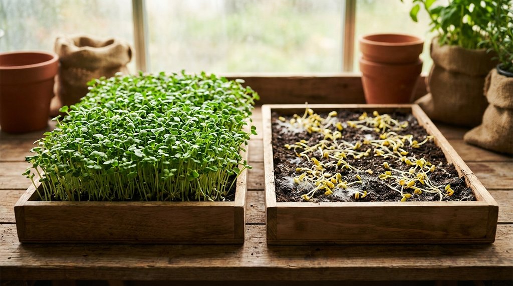 Comparativo entre bandeja de microgreens saudáveis e bandeja com damping-off