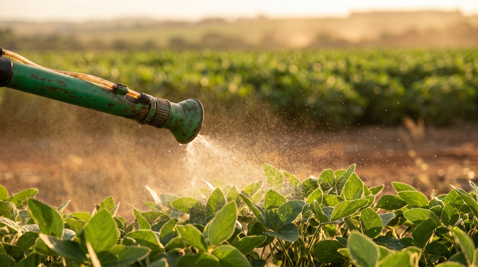 Agrônomo aplicando bioestimulante foliar com pulverizador em lavoura verde contra a seca
