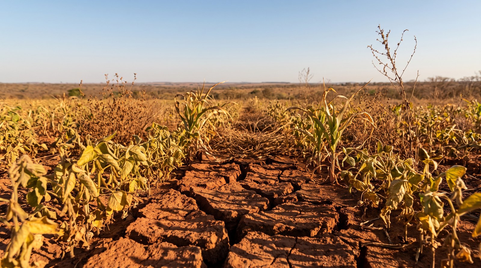 Lavoura de grãos no Cerrado com solo rachado e plantas murchas sob estresse hídrico