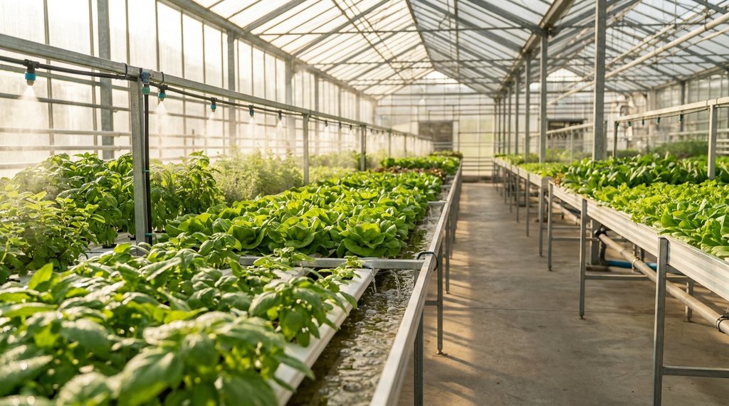 Estufa hidropônica comercial com várias bancadas de folhosas em produção paralela