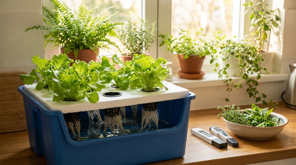 Sistema Kratky doméstico com alfaces verdes em caixa plástica e instrumentos de medição
