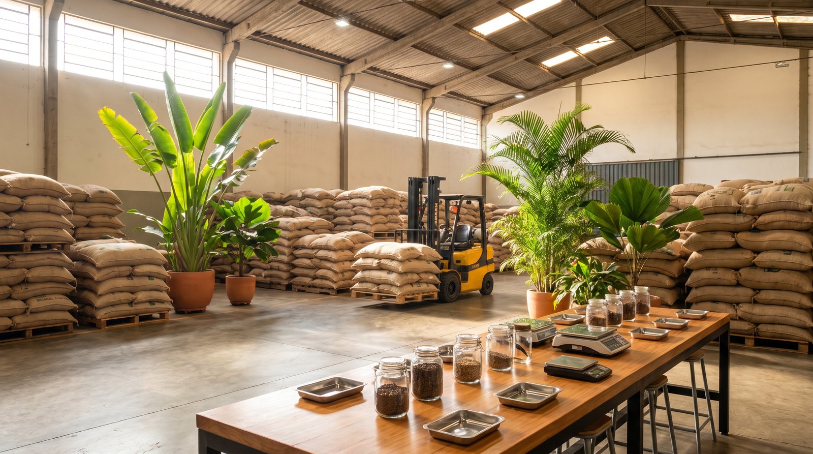Armazém de cooperativa de café com sacas de 60 kg empilhadas e movimentação de lotes