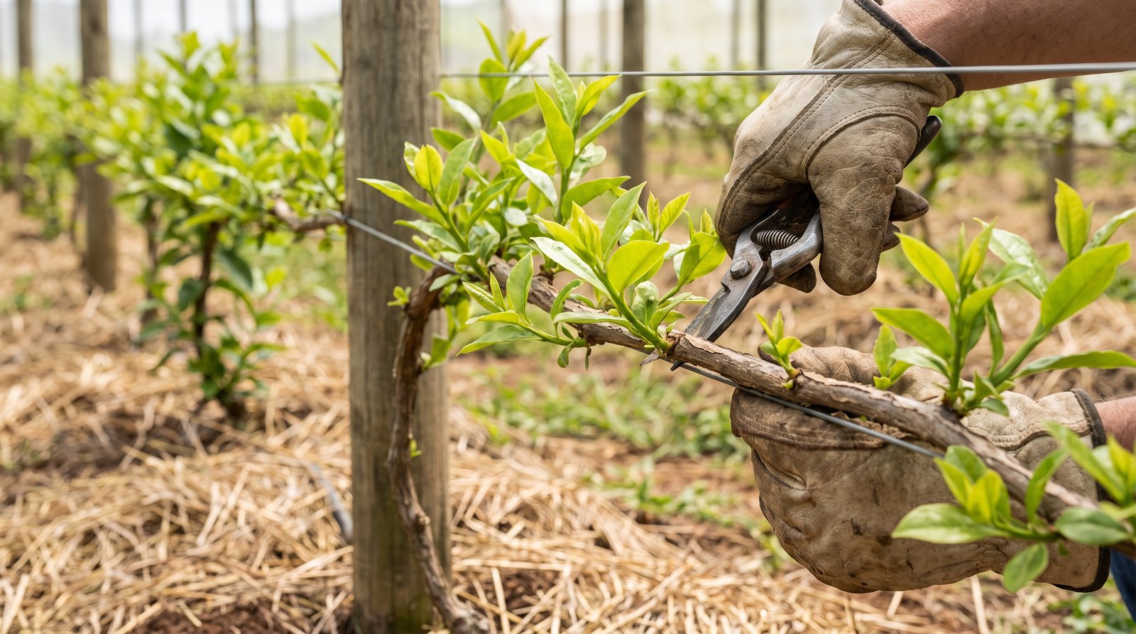 Produtor podando ora-pro-nóbis conduzida em espaldeira de arame em cultivo de agricultura familiar