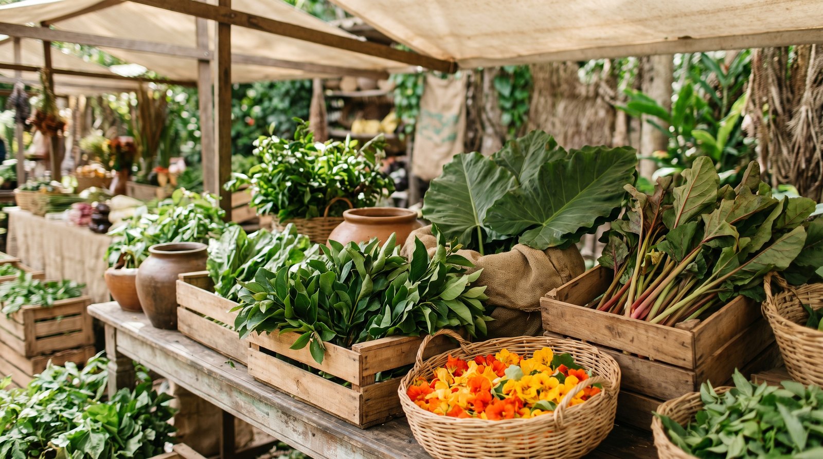Banca de feira agroecológica com maços frescos de PANC e mãos de agricultor entregando folhas verdes