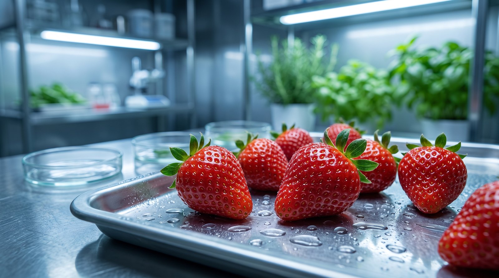 Morangos orgânicos frescos e firmes em bandeja de laboratório após tratamento pós-colheita