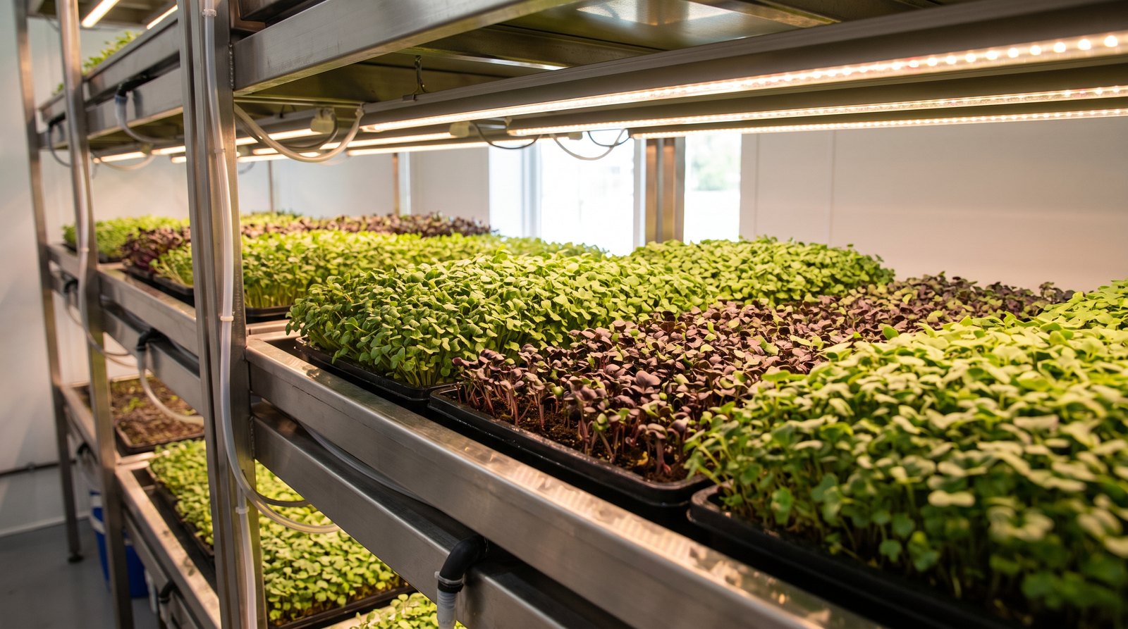 Colheita de microverdes densos em bandejas sob iluminação LED em ambiente fechado de plant factory