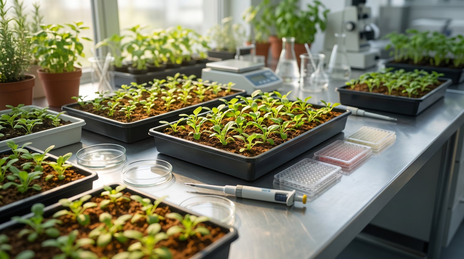 Mãos com luvas manipulam mudas de Arabidopsis em bandeja de laboratório de genômica vegetal