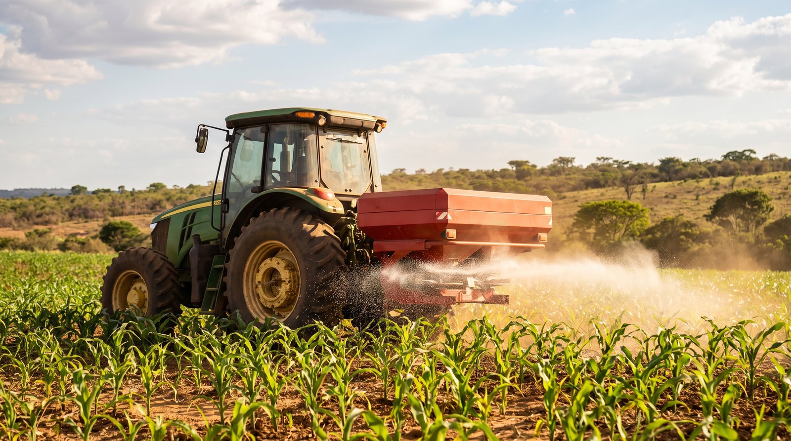 Trator aplica fertilizante nitrogenado em cobertura numa lavoura de milho no Brasil ao sol
