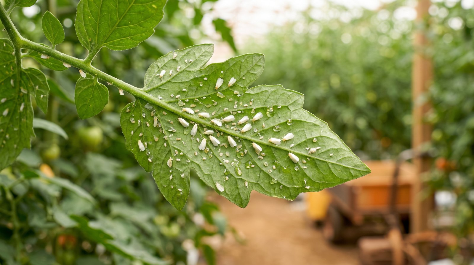 Colônia de mosca-branca no verso de uma folha de tomate, uma das principais pragas em hidroponia