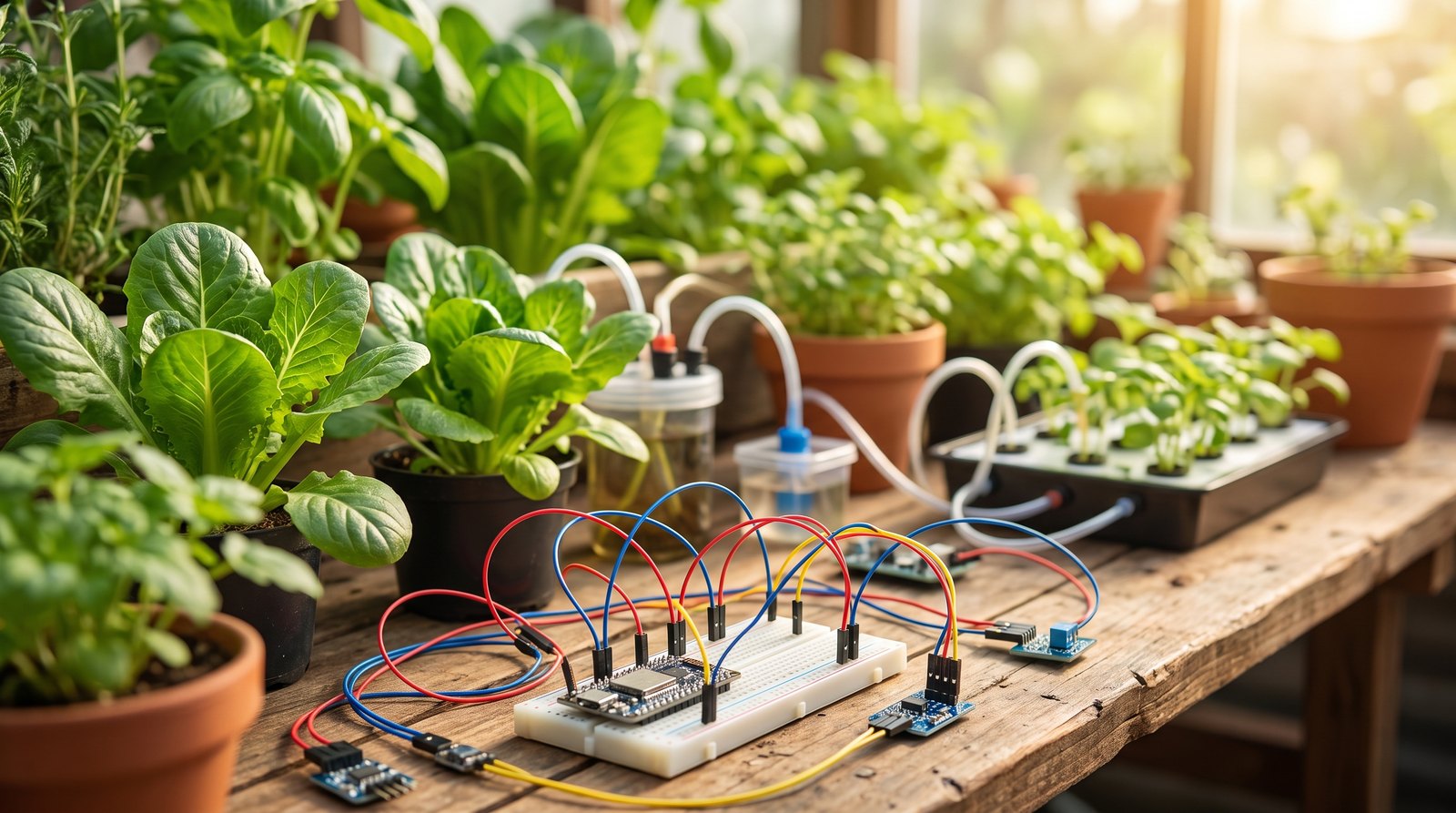 Montagem do circuito ESP32 em protoboard com jumpers coloridos ligando os sensores de hidroponia