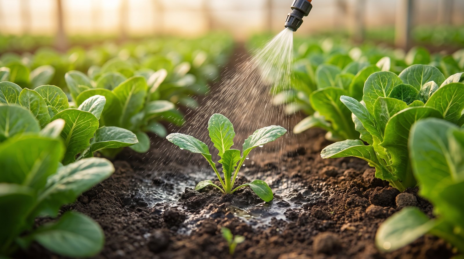 Micro-jato de defensivo atingindo uma planta daninha isolada entre folhas de hortaliça