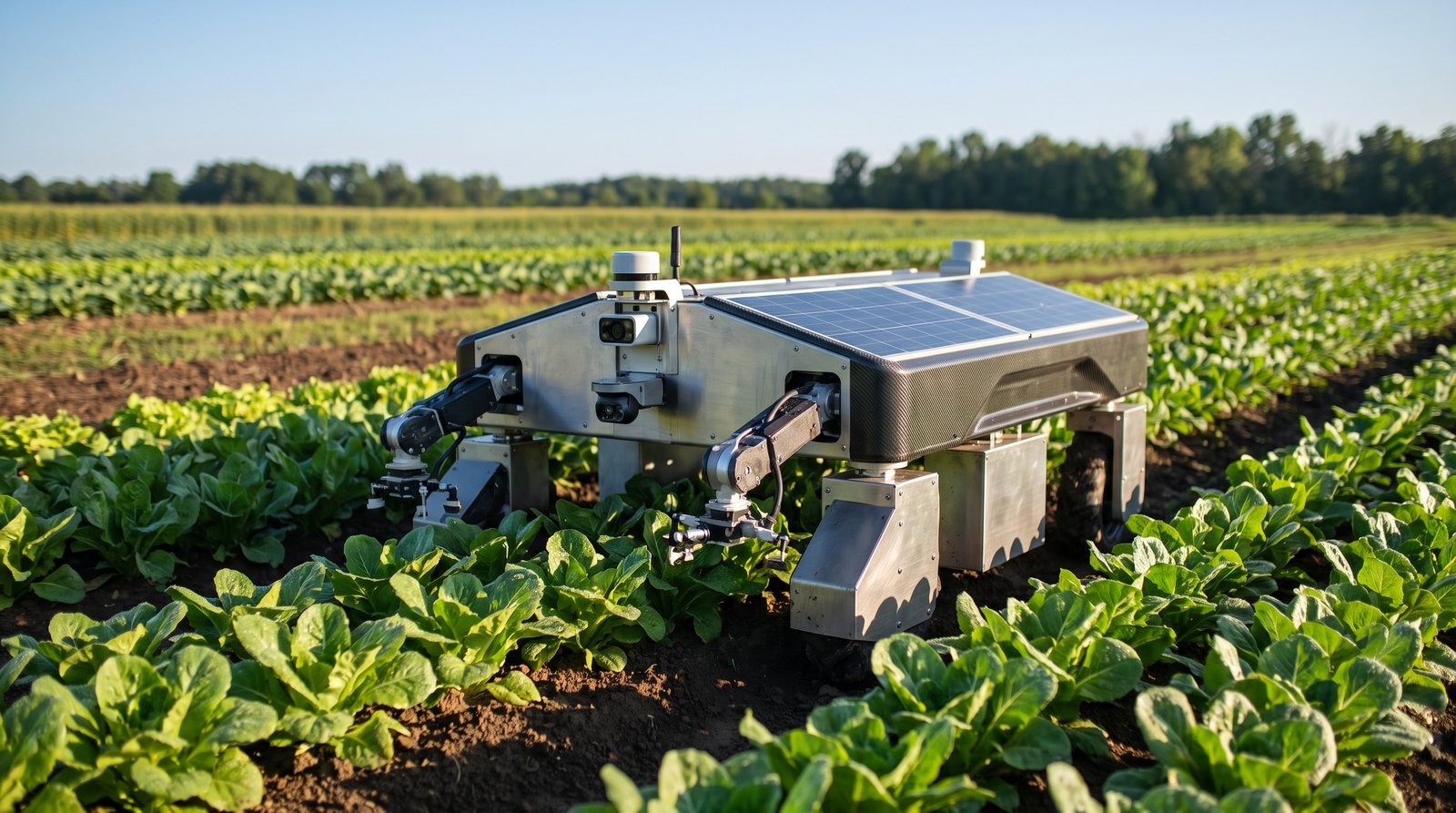 Robô agrícola autônomo com sensores percorrendo lavoura em linhas para pulverização de precisão