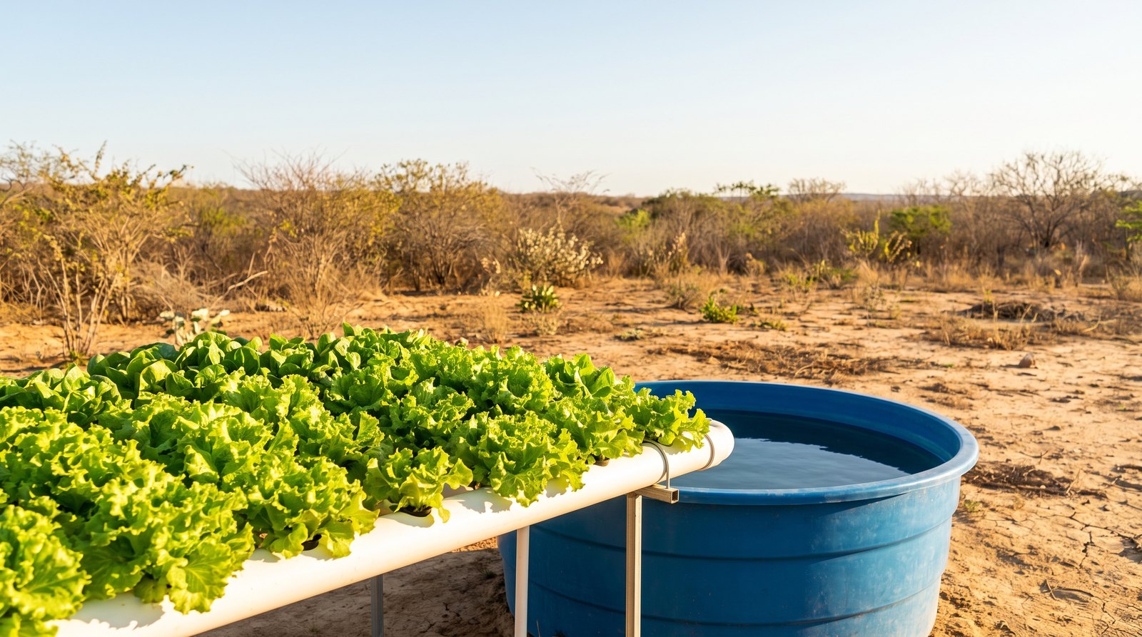 Alface em sistema NFT produzindo com água salobra no semiárido brasileiro com caatinga ao fundo