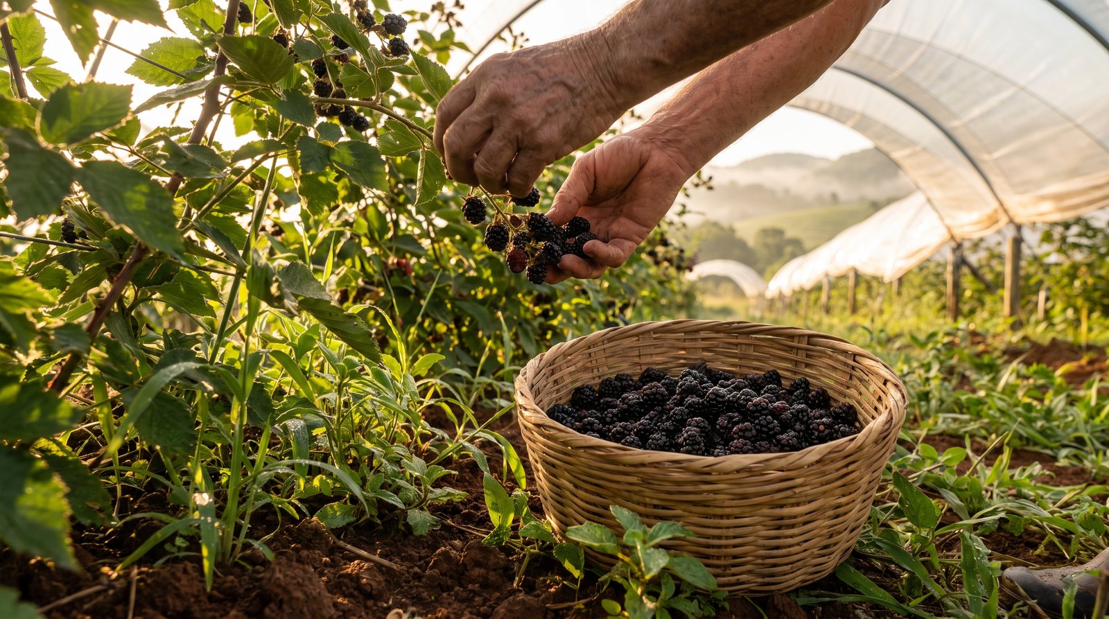 Mãos de agricultor colhendo amora-preta madura manualmente em cultivo de pequenas frutas no Sul do Brasil