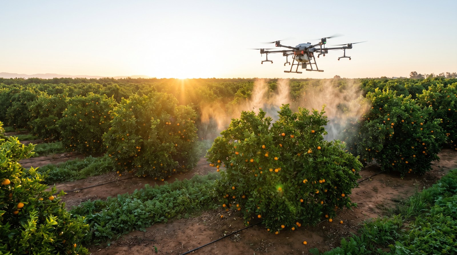 Drone agrícola pulverizando defensivo sobre a copa de árvores em pomar de laranja no Brasil