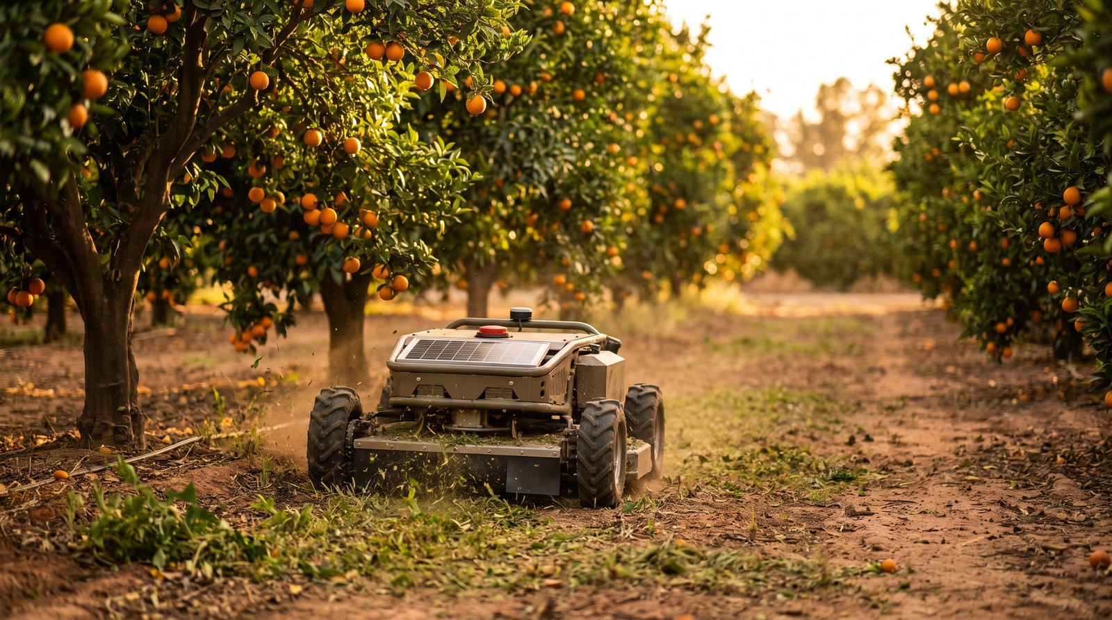 Robô terrestre autônomo elétrico roçando a vegetação entre fileiras de laranjeiras em pomar