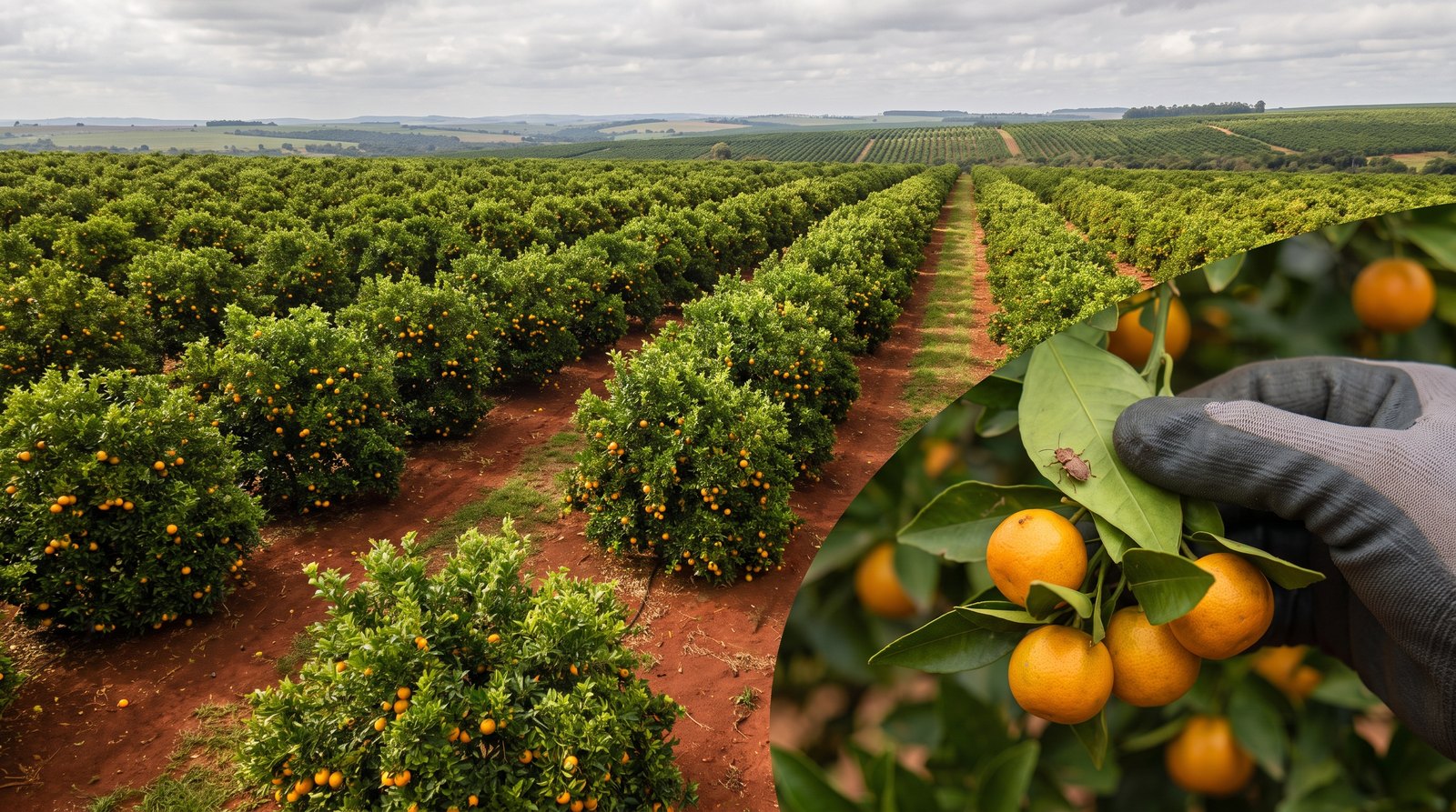 Vista ampla de pomar de laranja com produtor inspecionando as folhas em busca de sinais de greening