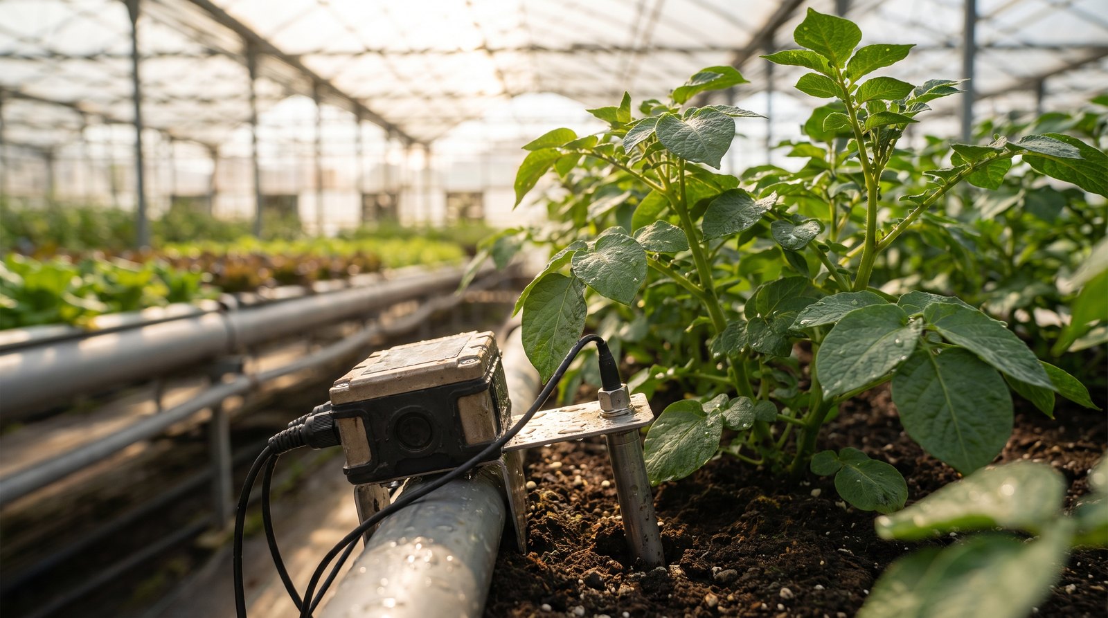 Mãos de agricultor instalando um sensor eletrônico de monitoramento junto a plantas de batata no campo