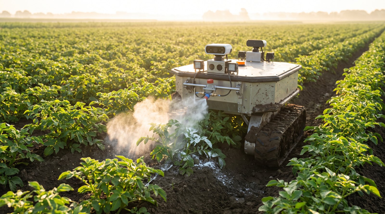 Robô agrícola autônomo com câmeras percorre fileiras de batata-semente para detectar vírus na lavoura holandesa
