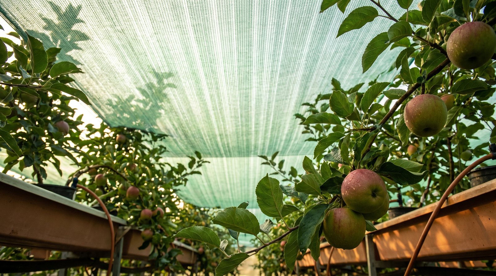 Vista de dentro de pomar de maçã sob tela antigranizo com luz difusa filtrada pela malha