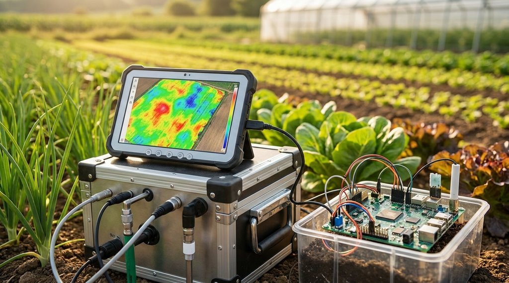 Pesquisador usa sensor portátil de análise de solo e tablet com mapa de zonas em lavoura brasileira