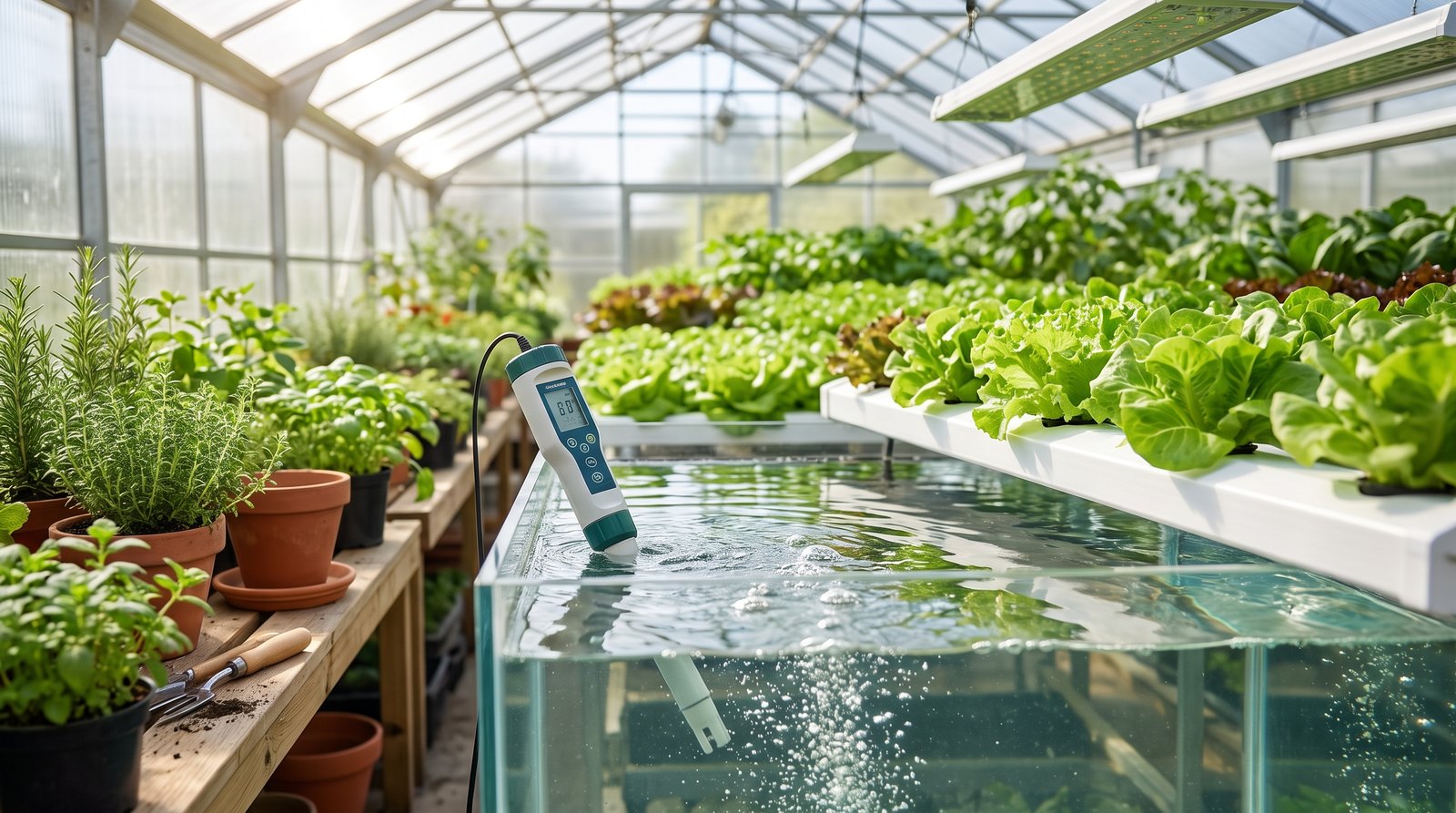 Produtor medindo pH da solução nutritiva em reservatório de hidroponia NFT com medidor portátil