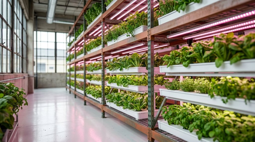 Fazenda vertical urbana com torres NFT empilhadas iluminadas por LED rosa magenta