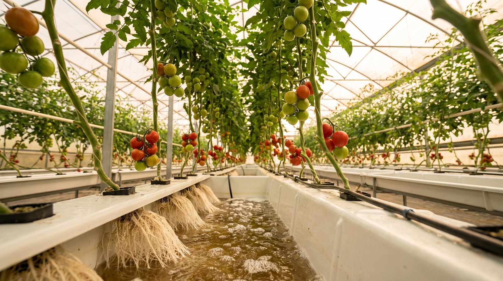 Tomateiros cultivados em sistema hidropônico dentro de estufa com perfis brancos e tutoramento