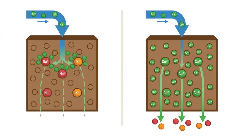 Diagrama do processo de buffering da fibra de coco, mostrando a troca de íons de sódio e potássio por cálcio.