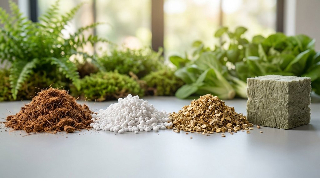 Imagem hyperrealista dos 4 substratos hidropônicos: fibra de coco, perlita, vermiculita e lã de rocha.