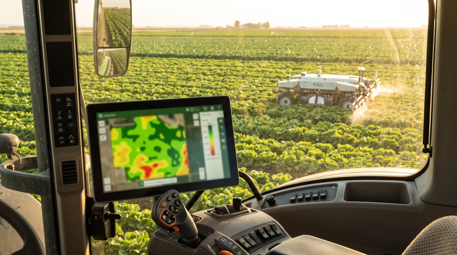Operador na cabine ajustando controlador de taxa variável com mapa de zonas de manejo no monitor agrícola