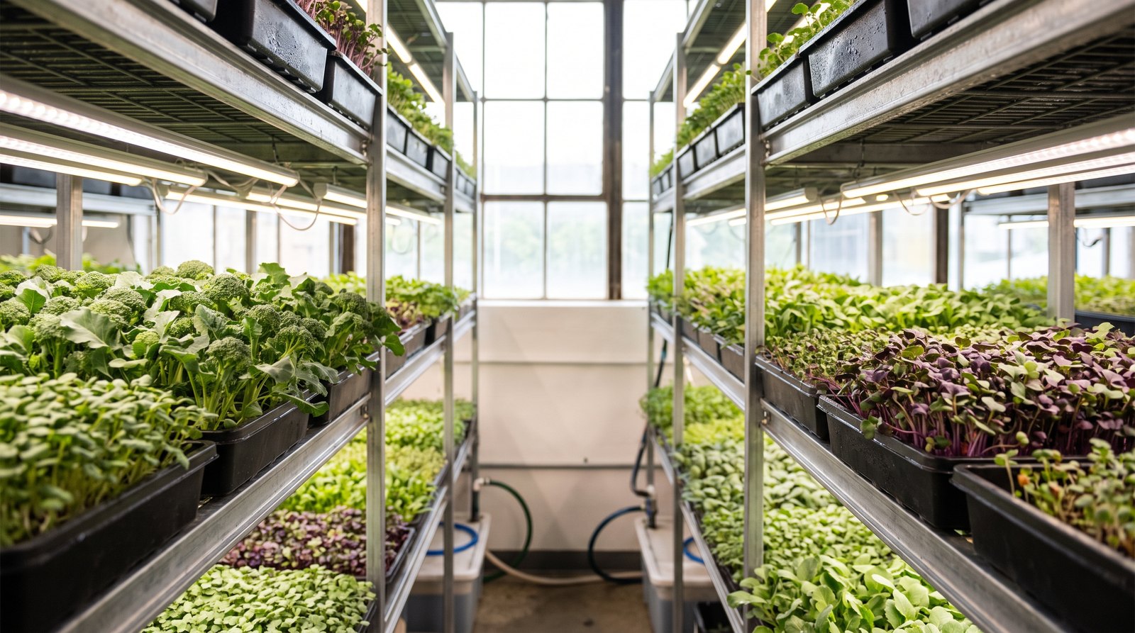 Bandejas de microverdes de rabanete e brócolis em prateleiras com LED, cultivo mais lucrativo por metro quadrado