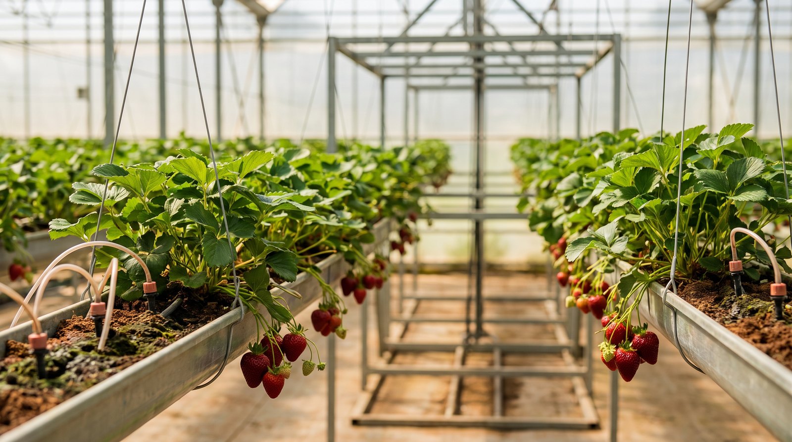 Morangueiros em calhas suspensas com frutos maduros em sistema semi-hidropônico dentro de estufa