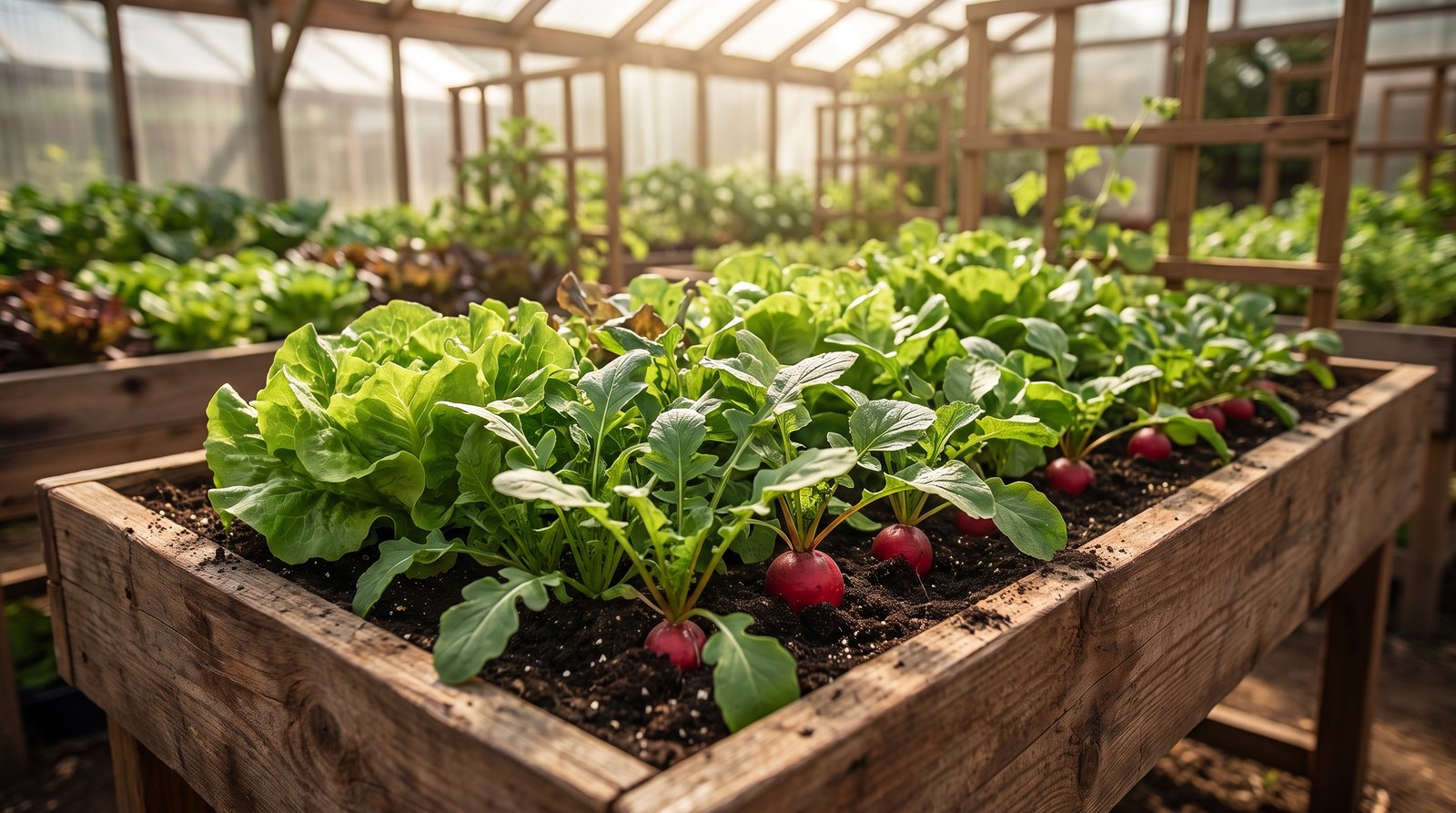 Jardineira com consórcio de alface crespa rúcula e rabanete crescendo juntos em cultivo caseiro
