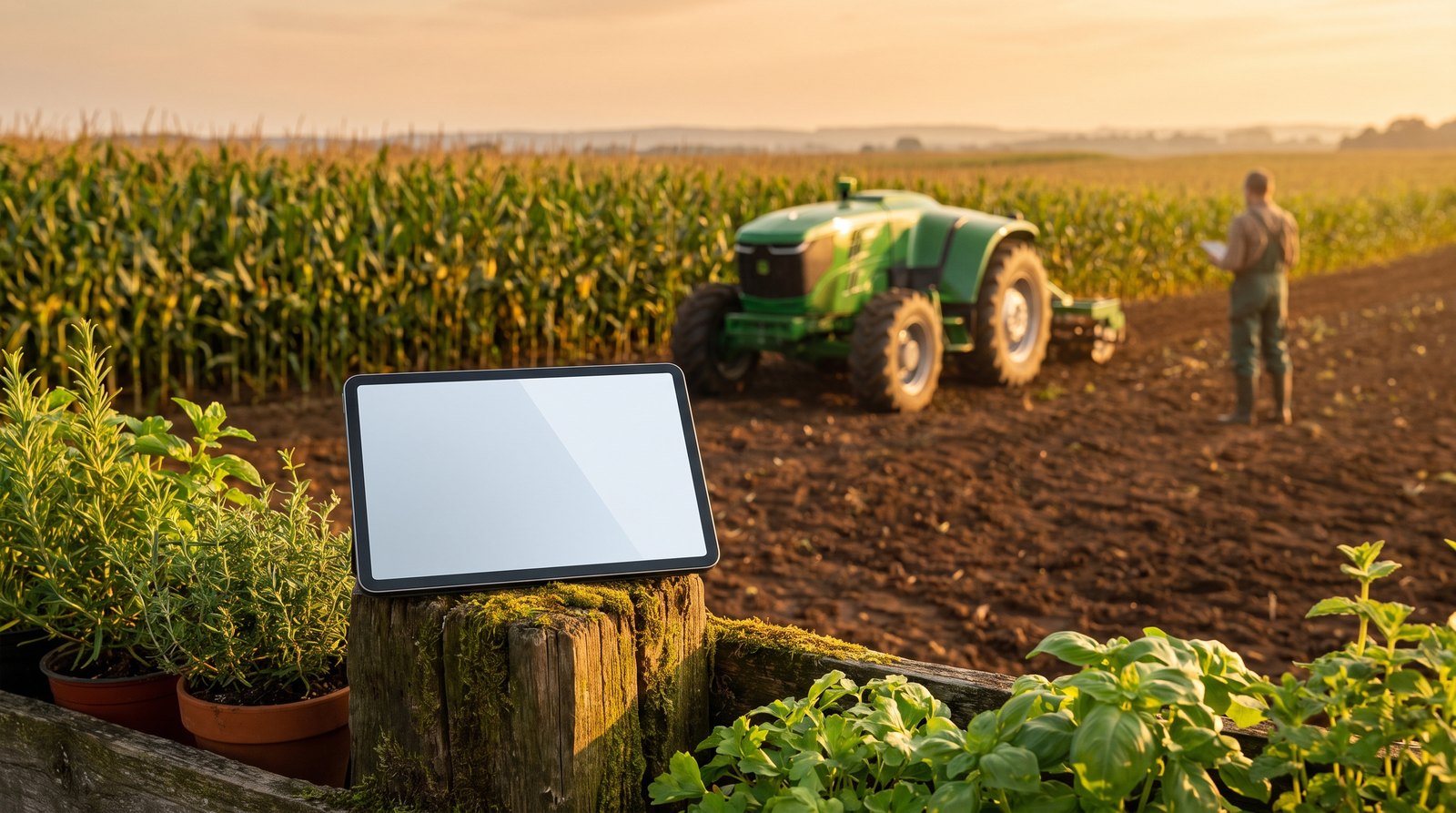 Produtor rural supervisiona com tablet um trator autônomo operando ao fundo na lavoura de grão