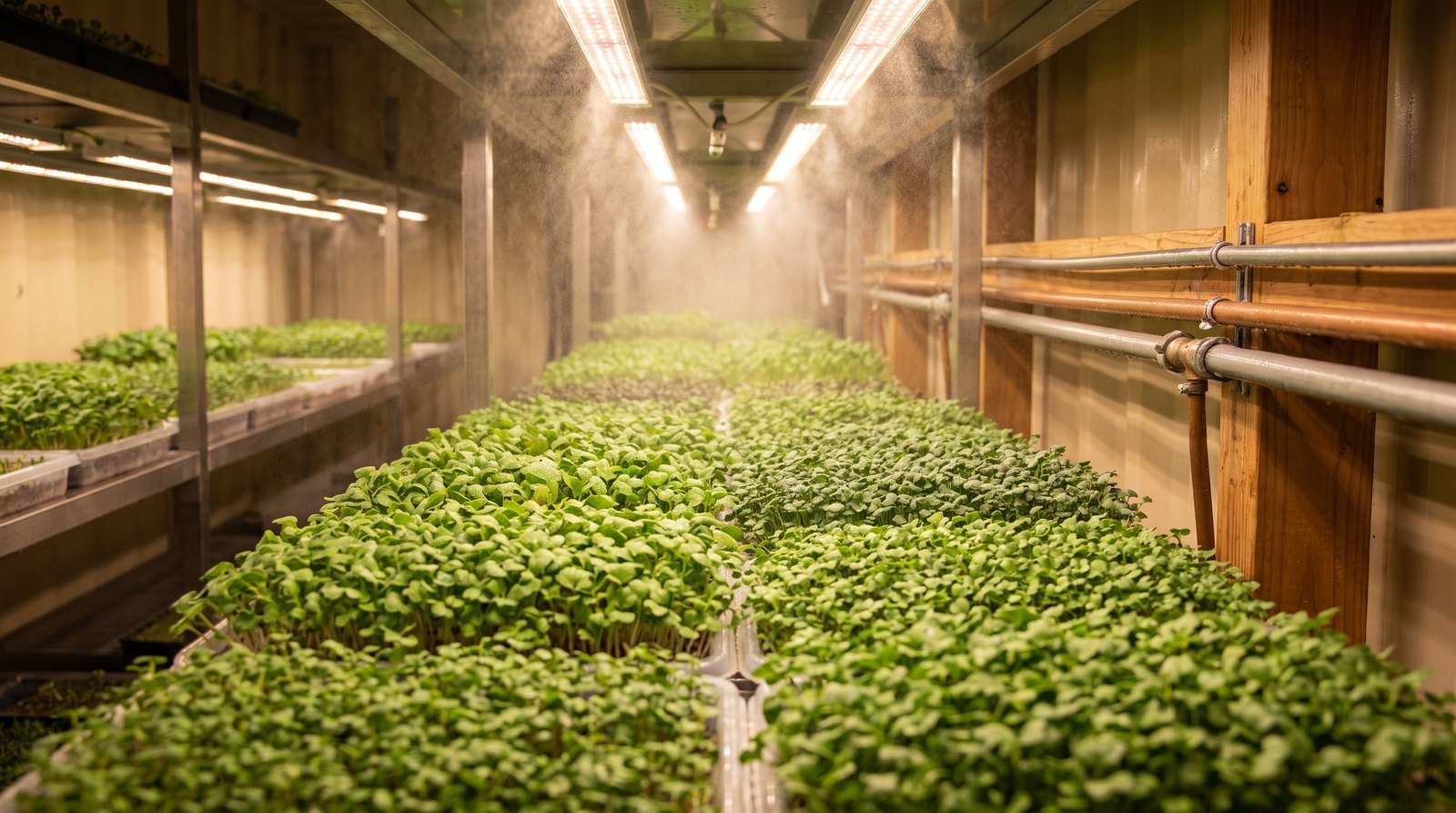 Bandejas densas de microverdes recém-brotados sob luz de LED dentro de contêiner de cultivo climatizado