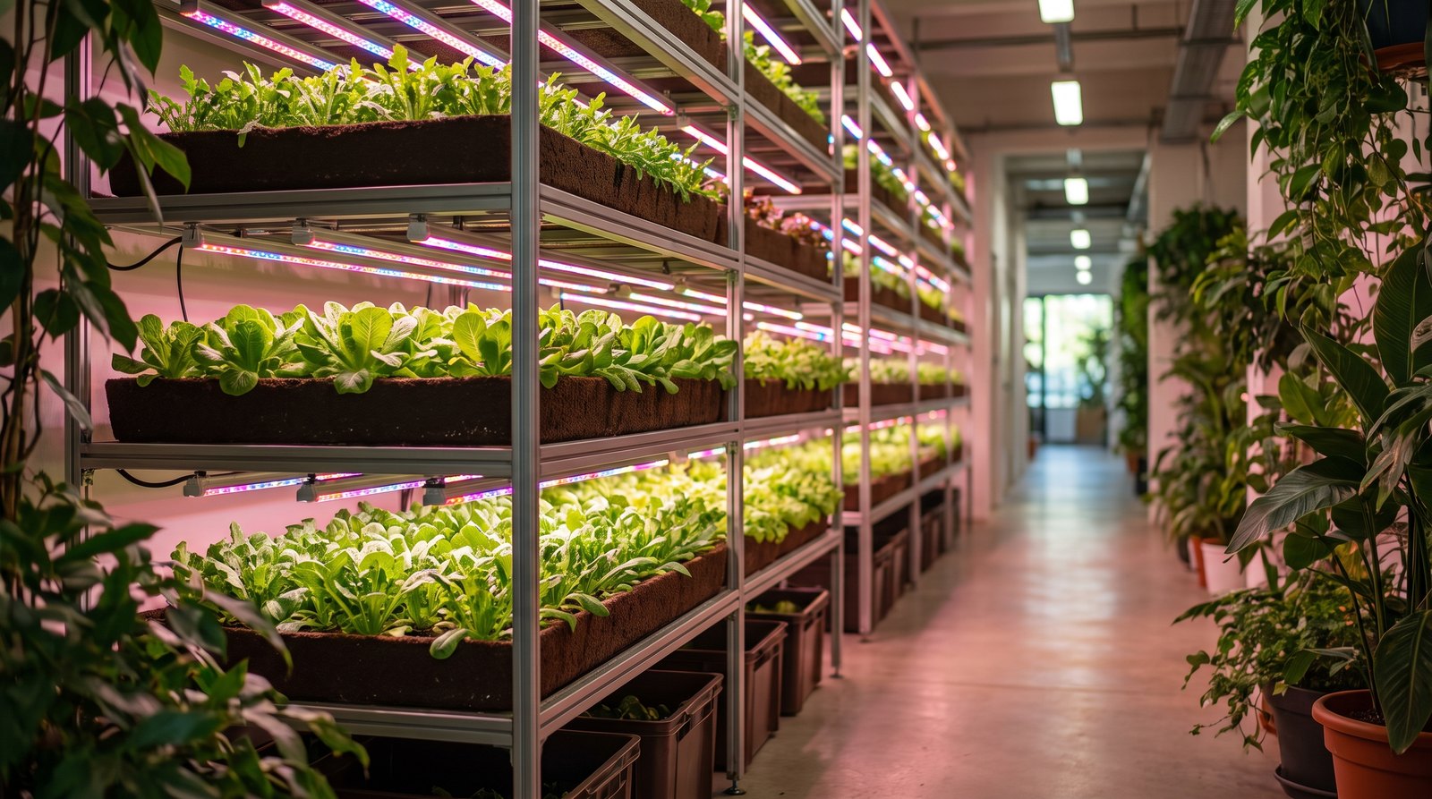 Prateleiras verticais de folhosas sob luz rosa de LED em fazenda vertical urbana de São Paulo