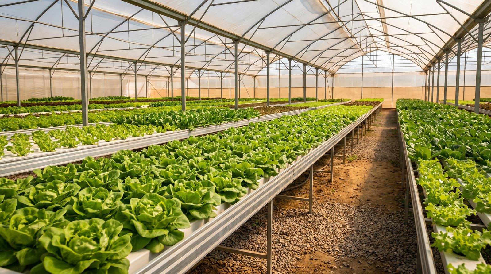 Interior de estufa de hidroponia comercial com bancadas NFT de alface crespa em produção por toda a extensão